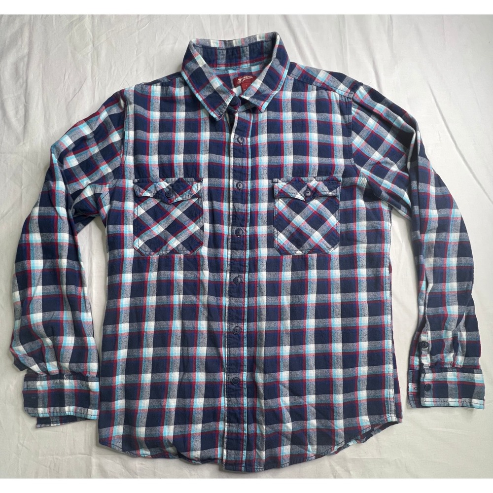 Arizona Jean Co Mens Flannel Shirt Large Blue Red Plaid Long Sleeve Button Up‎
